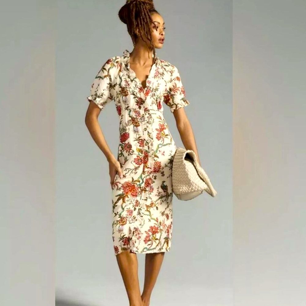 Anthropologie Pilcro Ruffle-Collar Buttondown Dress SZ 12
Linen Floral Print